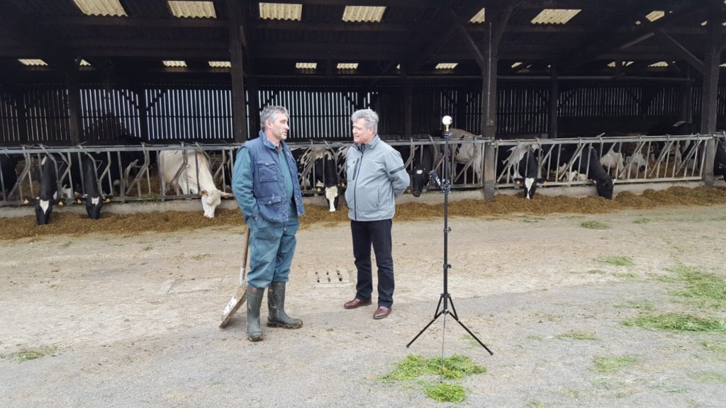 Journalist André Thomas (for Ouest France) and farmer Loïc Guines chat on camera in French Brittany for the series. Photo credit: Olivier Peguy